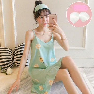 Váy ngủ hai dây đầm ngủ thun mềm mịn có đệm ngực (Kèm bịt mắt)