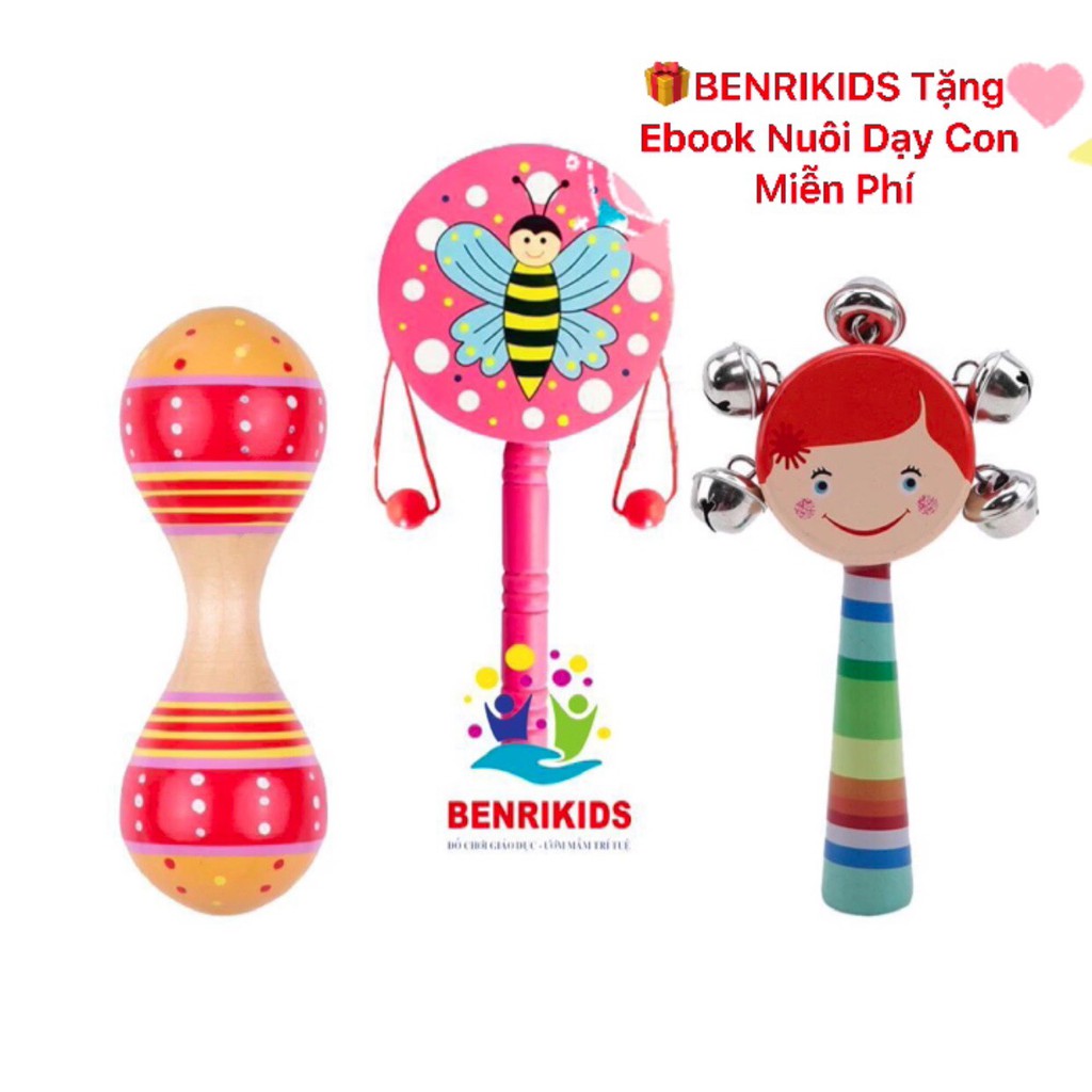 Combo 3 Lục Lạc Bằng Gỗ Chuẩn Giáo Cụ Montessori Cho Trẻ Sơ Sinh