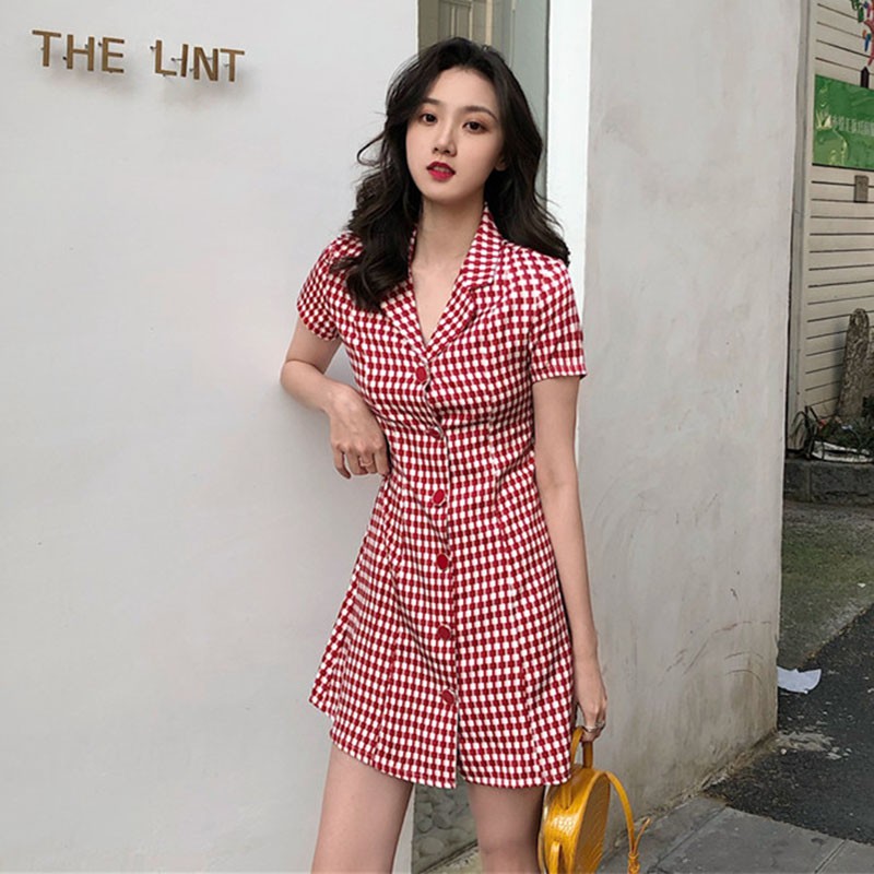 Order đầm suông caro phối nút cột dây sau cực xinh