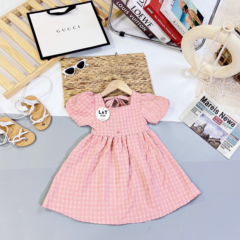 VÁY MAXI CARO PHỐI NƠ LƯNG ĐI BIỂN, TAY PHỒNG CỰC XINH CHO BÉ GÁI