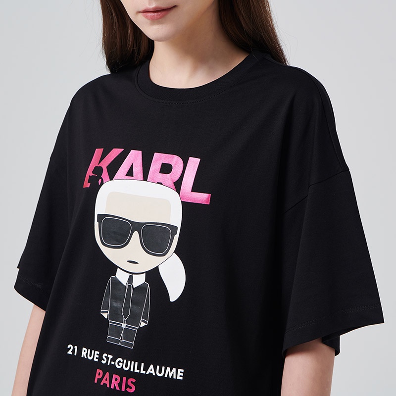 Áo Thun Cotton Tay Ngắn In Họa Tiết Hoạt Hình Karl Lagerfeld Thoải Mái Cho Nữ