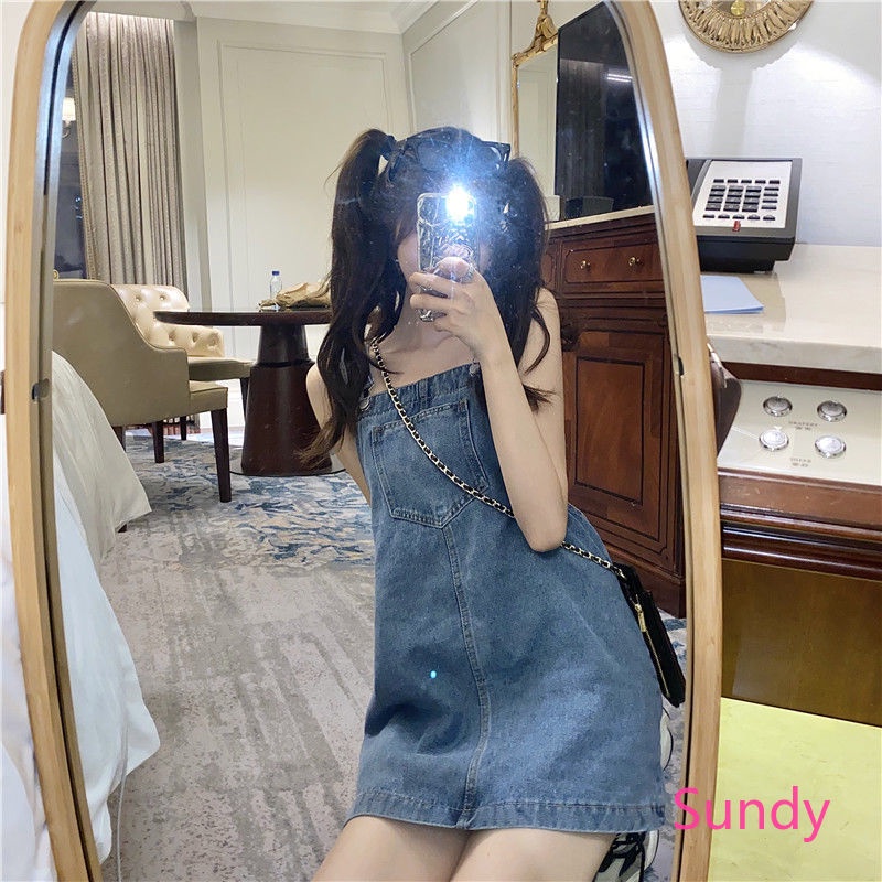 Đầm Yếm Denim Lưng Cao Dáng Rộng Thời Trang Mùa Hè Phong Cách Vintage Hàn Quốc Cho Nữ