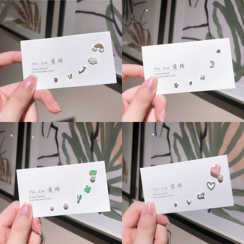 We Flower Set 5 bông tai mạ bạc S925 hình học đính đá cho nữ