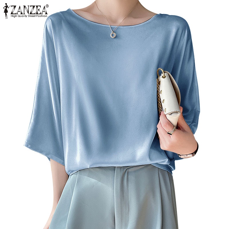 Zanzea Áo Sơ Mi Cổ Tròn Tay Lửng Vải Satin Thời Trang Công Sở Cho Bạn Gái