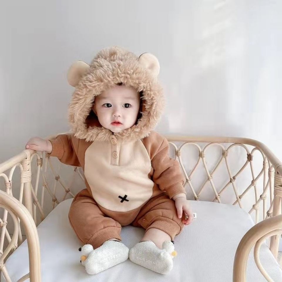 Bộ áo liền quần tay dài vải lông cừu dày hai lớp giữ nhiệt thời trang thu đông cho bé