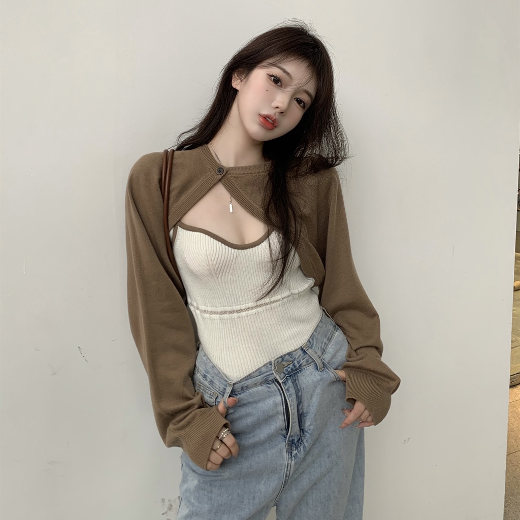 Cocory vn Set áo cardigan tay dài + áo hai dây dệt kim màu tương phản gợi cảm cho nữ