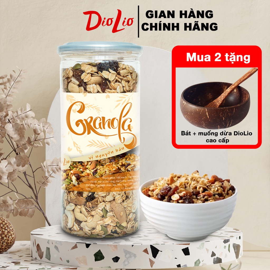 Granola ngũ cốc ăn kiêng giảm cân DioLio 500g vị nguyên bản, loại chuẩn yến mạch nướng dầu dừa, mật ong