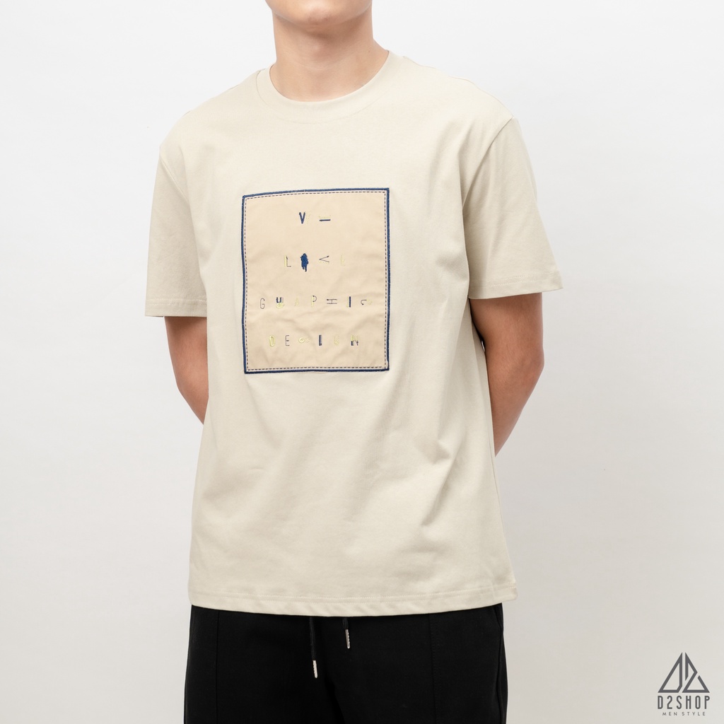 Áo thun D2shop, áo thun cổ tròn đắp vải ngực GRAPHIC, đắp vải , màu kem