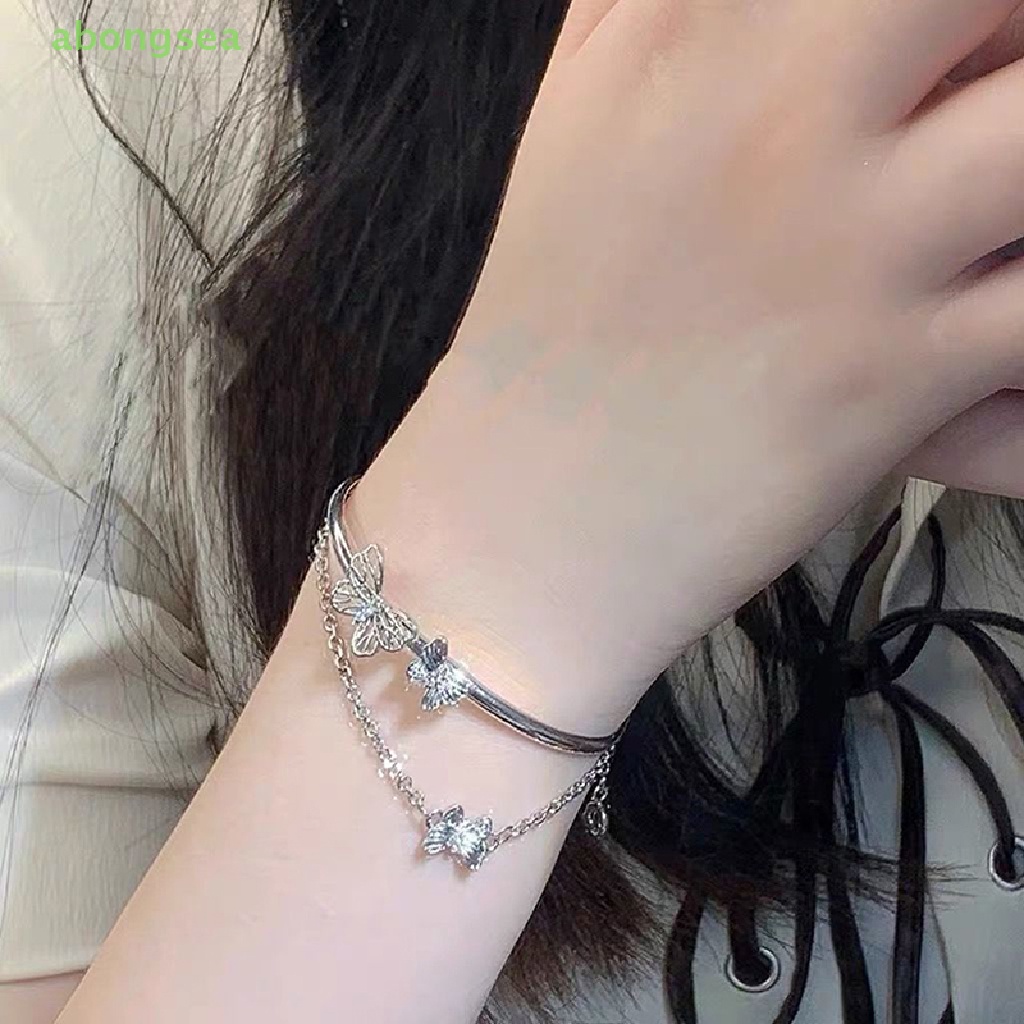 Abongsea Vòng Tay Dây Xích Hai Lớp Thiết Kế Dạng Xích Mở Hình Bướm Lấp Lánh Dễ Phối Đồ Có Thể Điều Chỉnh Cho Nữ