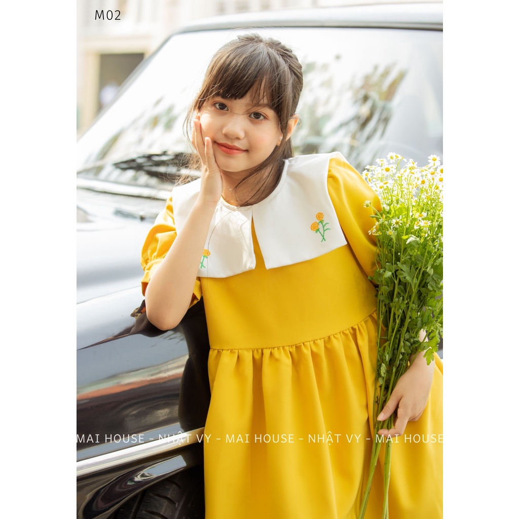 Đầm Bé NHẬT VY Cổ Vuông Thêu Hoa Chiết Eo Chất Cotton Dáng Babydoll Màu Vàng, Trắng - M02