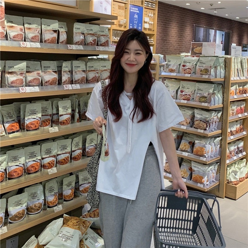 Áo Thun Tay Ngắn Màu Trơn Xẻ Tà Dễ Phối Đồ Thời Trang Mùa Hè Cho Nữ