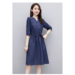 Đầm jean xoè eo rút cổ v