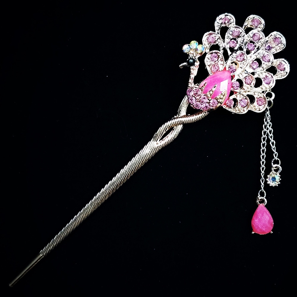 Trâm cài tóc đính đá họa tiết chim công tua rua vintage