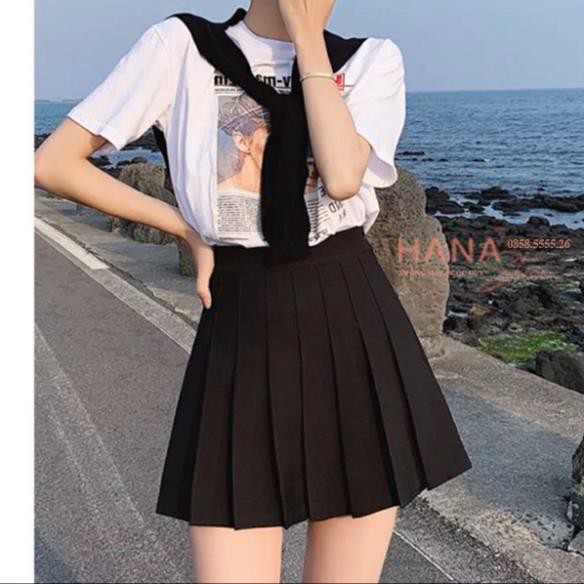 Chân váy tennis xếp ly ngắn xòe bản to màu đen có quần trong cạp lưng chun cao - Chất vải Umi dày dặn co giãn thể thao | BigBuy360 - bigbuy360.vn