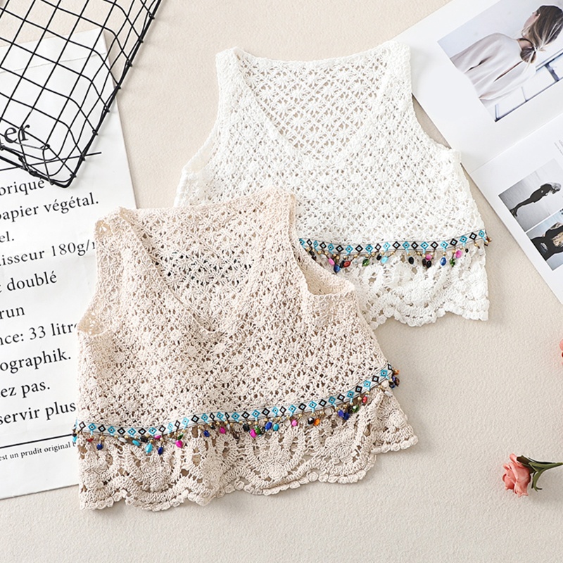 Áo Croptop Dệt Kim Không Tay Cổ Chữ V Phối Tua Rua Nhiều Màu Sắc Phong Cách Boho Dành Cho Nữ