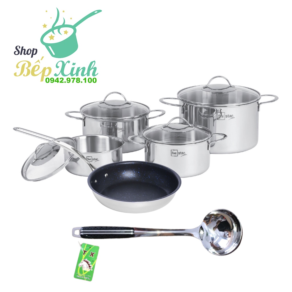 Bộ nồi chảo quánh inox cao cấp  FiveStar Plus 5 chiếc 3 lớp đáy liền inox 304 nắp kính, bảo hành 25 năm