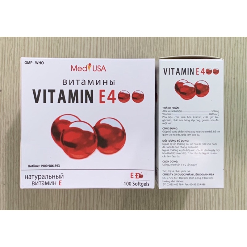 VITAMIN E 400 ( đỏ) - Hộp 100 viên - Giúp tái tạo da, làm sáng da, chống chảy xệ, giảm nám, chống lão hóa cho da