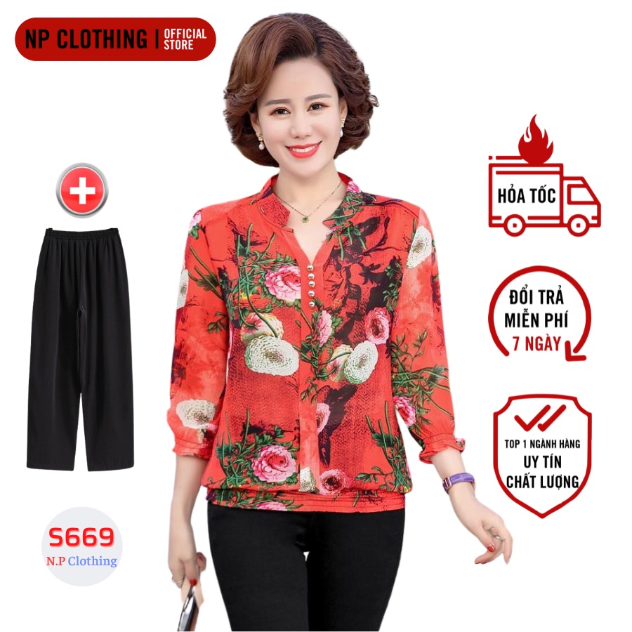 Set Trung Niên Nữ, Kiểu Áo Voan Hoa Phối Quần thun Trung Niên Trang Nhã | Thời Trang Trung Niên Nữ Cao Cấp | CB668