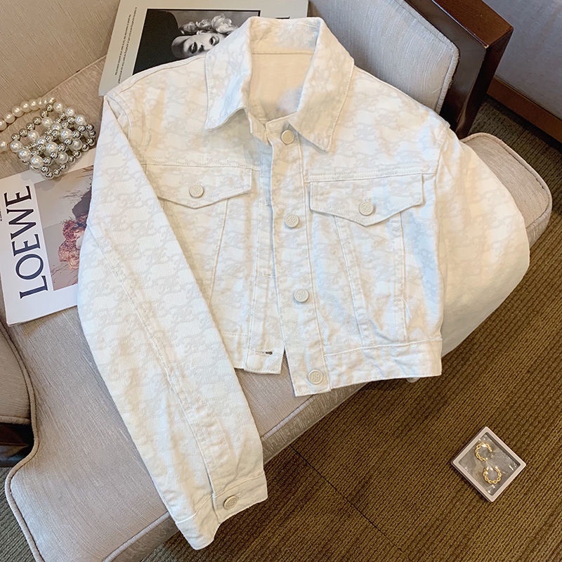 White Xiaoxiangfeng denim jacket new chic blouse for short spicy girls with long sleeves in Spring and Autumn 2022