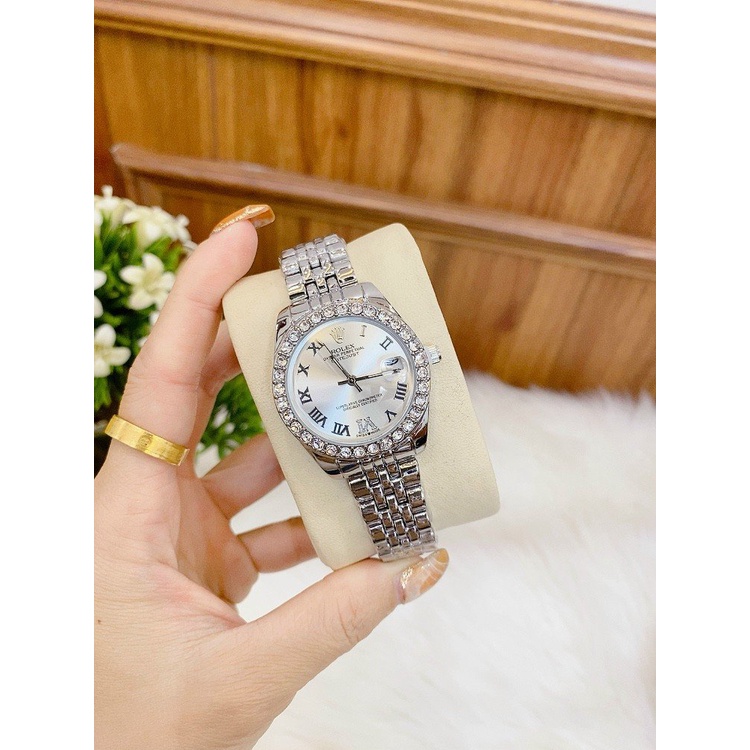 Đồng hồ nữ Rolex dây thép không gỉ , viền đá sang trọng , chữ số la mã thời thượng , đẳng cấp