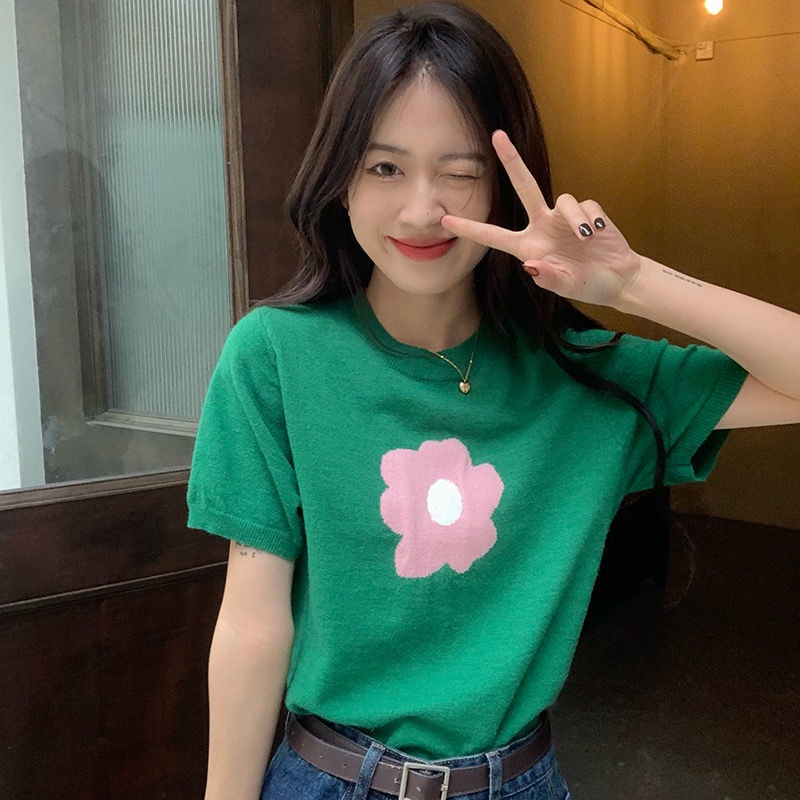 Áo thun COZOKC dệt kim tay ngắn dáng ôm in họa tiết hoa thời trang mùa hè cho nữ