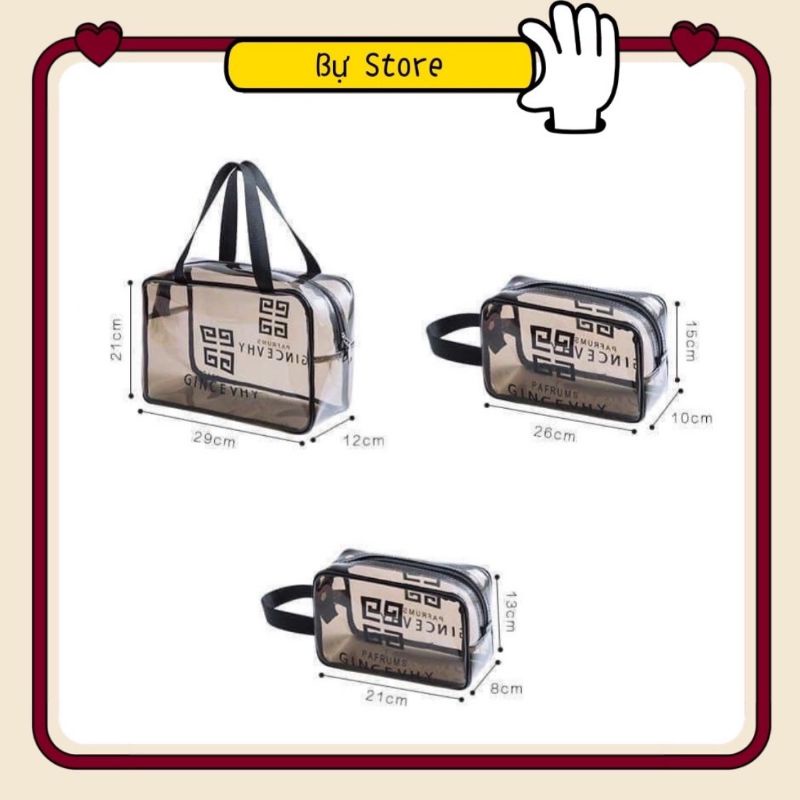 Set 3 túi đựng mỹ phẩm trong suốt đi du lịch 3 size tiện lợi