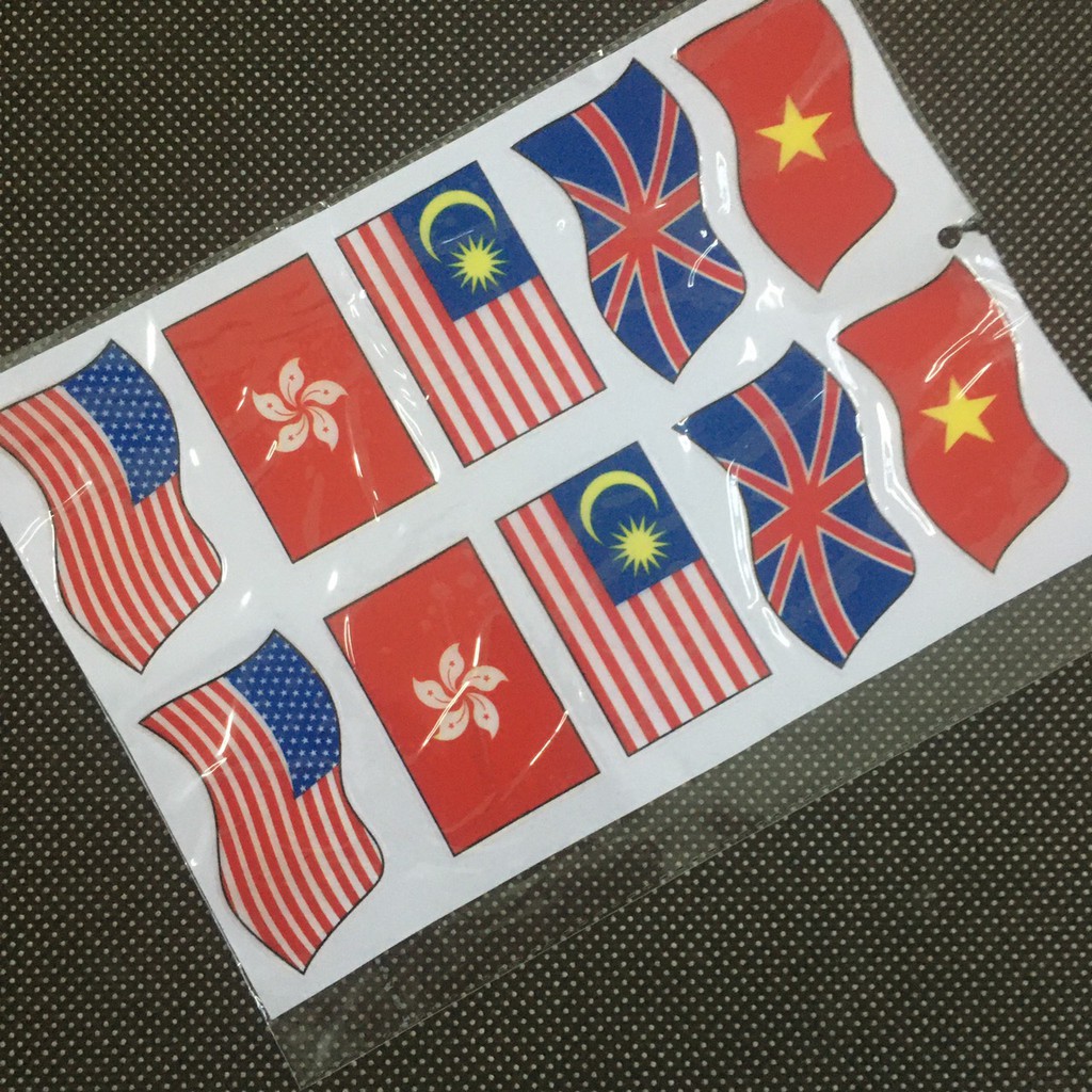 (GIẤC MƠ MỸ) BỘ TEM TRANG TRÍ XE MÁY HÌNH LÁ CỜ CÁC NƯỚC MỸ, HỒNG KÔNG, VIỆT NAM, KEO DÁN CHẮC CHẮN, TRANG TRÍ XE