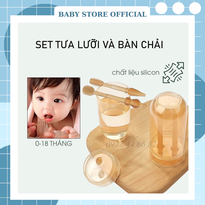 SET rơ lưỡi (tưa lưỡi) + bàn chải silicon vệ sinh răng miệng cho bé kèm cốc đựng có nắp đậy cho bé 0-18 tháng