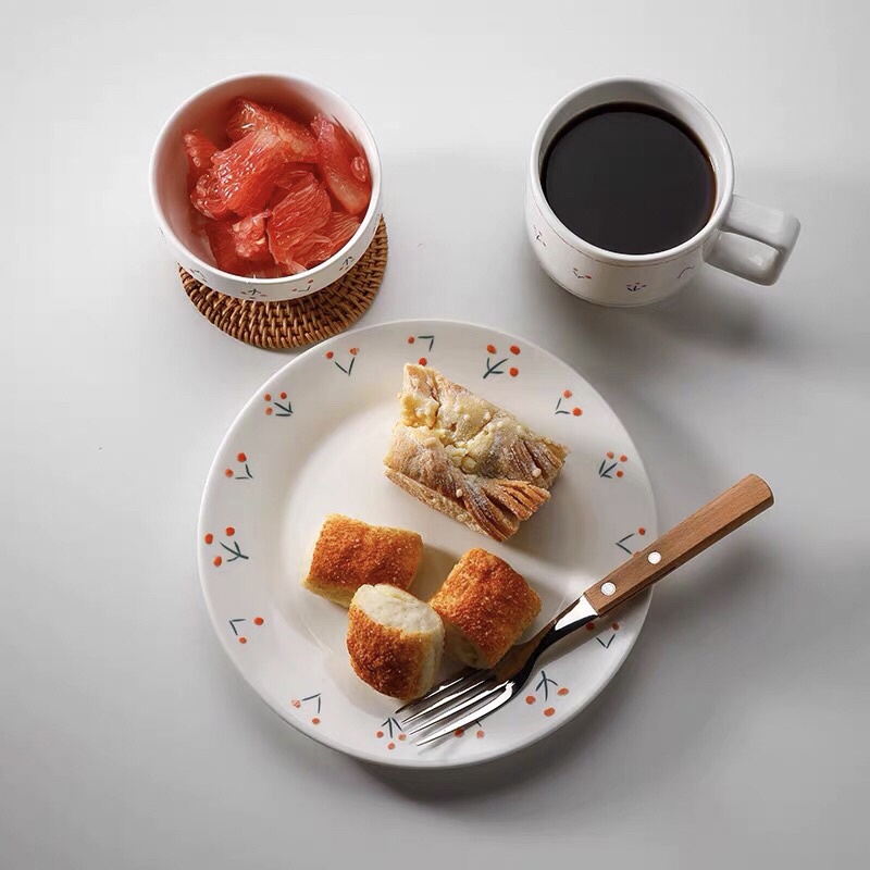 Set đĩa cốc vintgae hoạ tiết cherry vẽ tay