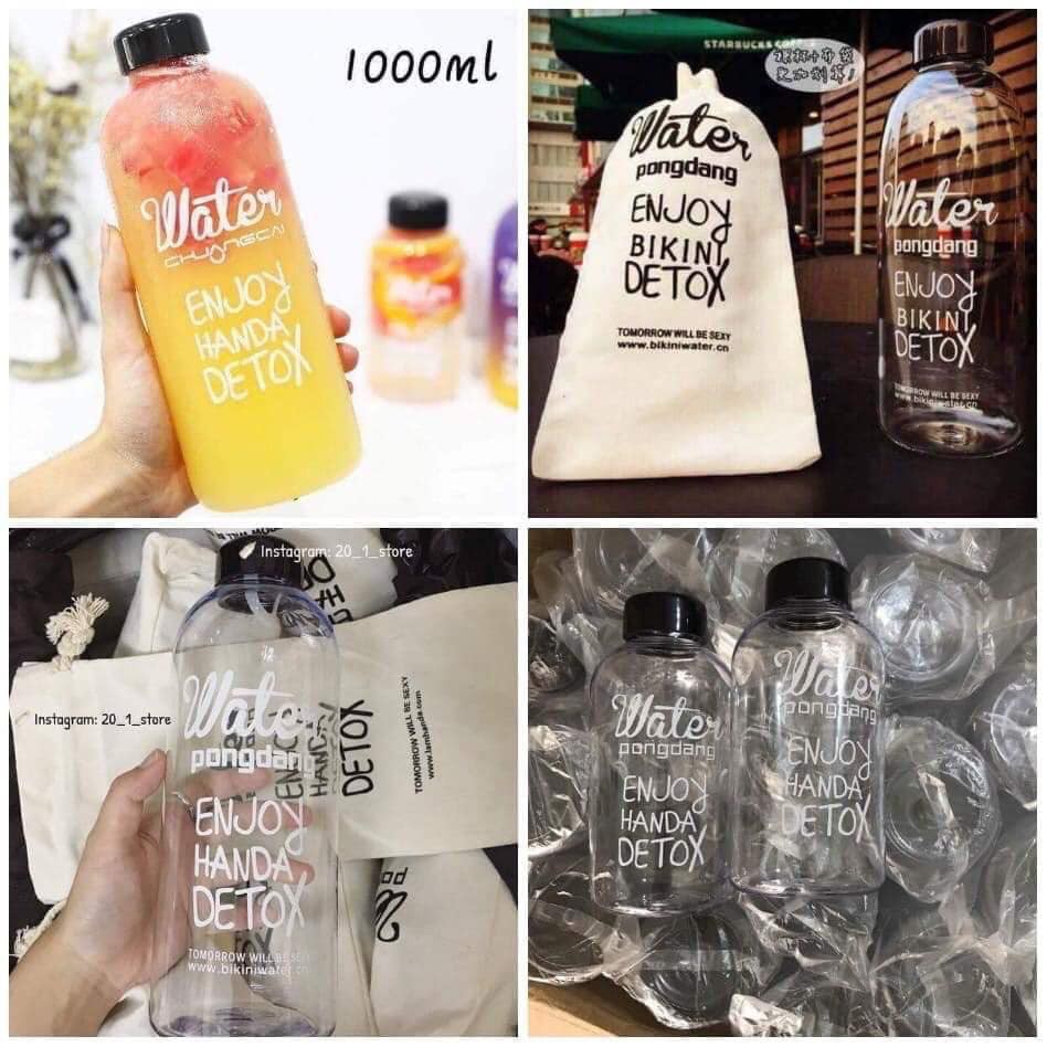 [ Bình + Túi ] bình nước Detox Pongdang 1000ml - bottle nhựa đựng nước 1 lít kèm túi vải