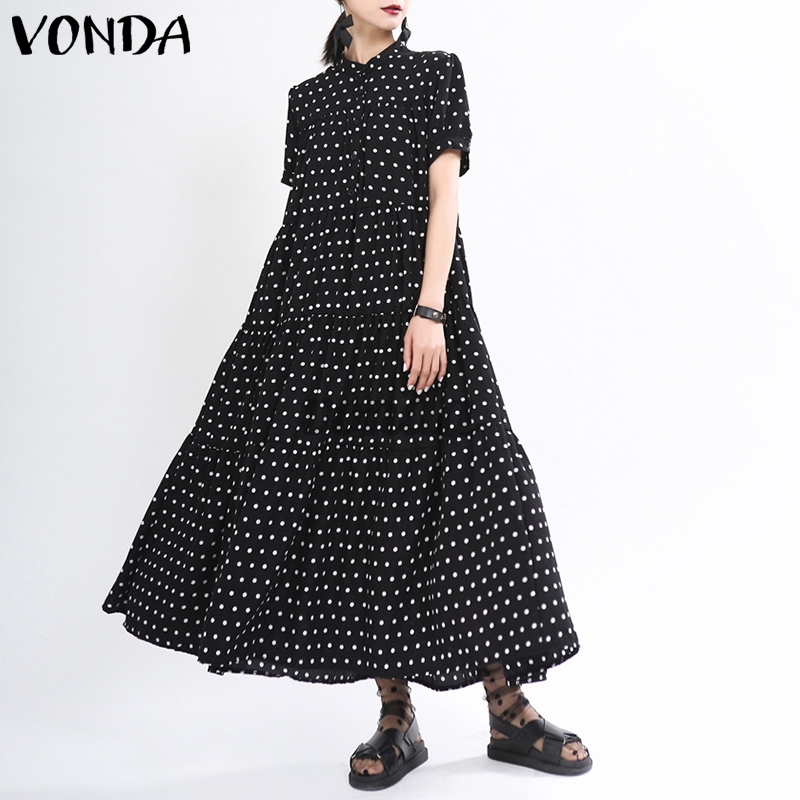 VONDA Women Short Sleeve Polka Dot Stand Collar Button Down Long Dress