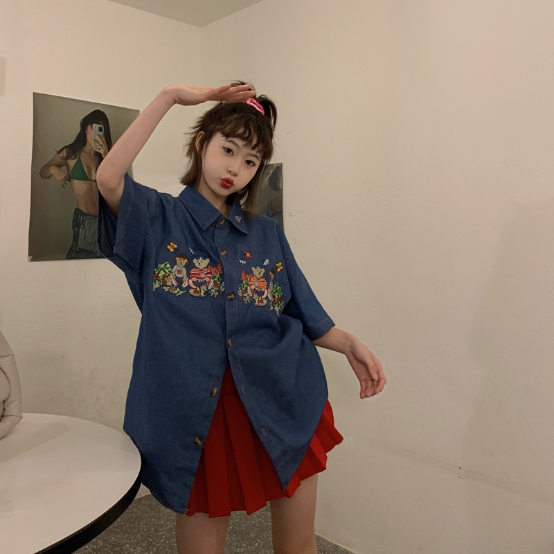 Áo Sơ Mi Denim Tay Ngắn Hoạ Tiết Thêu Thiết Kế Oversized Phong Cách Hàn Quốc