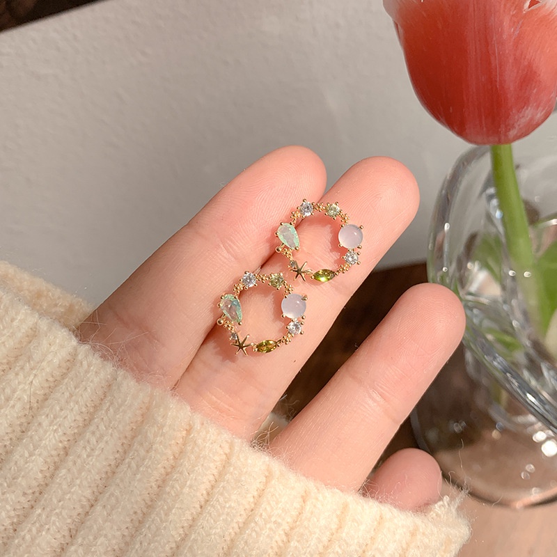 Bông tai nữ chuôi bạc 925 Eleanor Accessories hình tròn đính đá nhiều màu phụ kiện trang sức 2223
