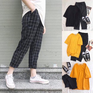 Set quần baggy caro + áo thun trơn (PPCR7 + AT trơn)