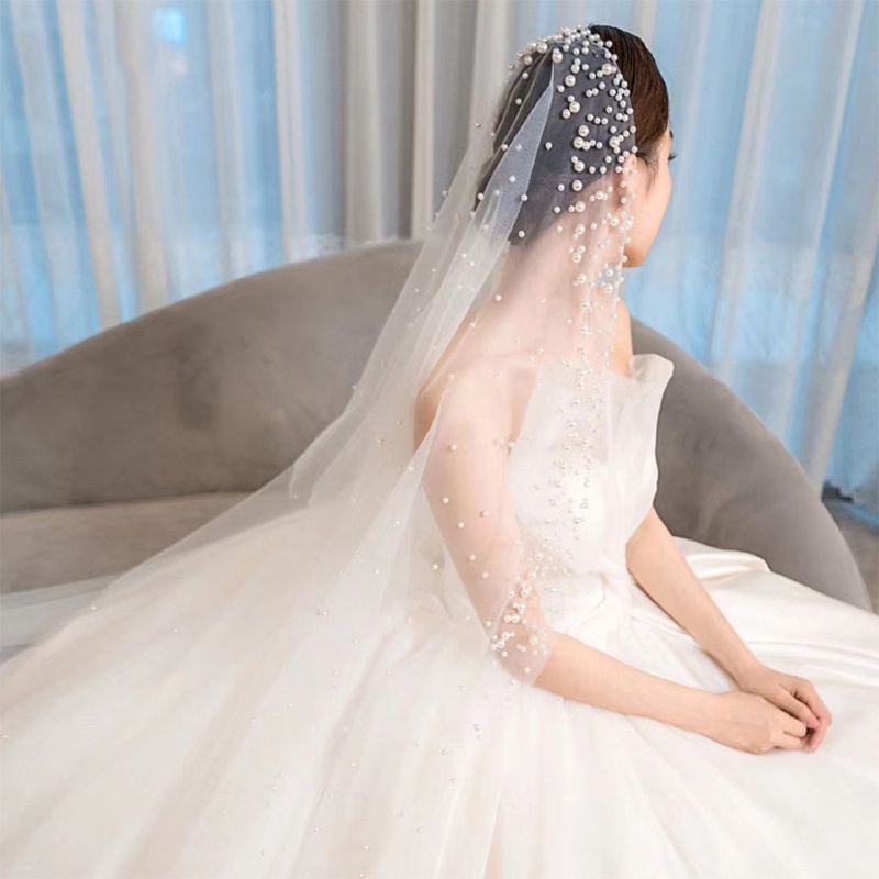 Mạng Che Mặt 1 Lớp Vải Tuyn Đính Ngọc Trai Cho Cô Dâu