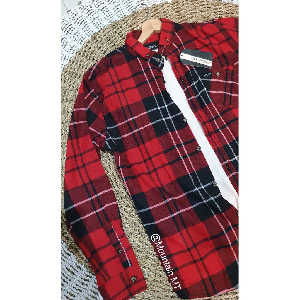 Áo Sơ Mi Dài Tay Vải Flannel Màu Đỏ Đen Thời Trang