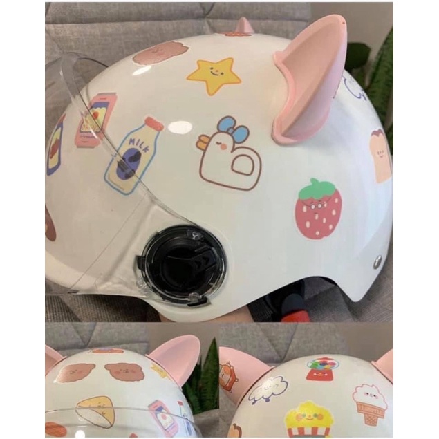 Nón bảo hiểm tai mèo cute kèm hình dán có kính kèm ảnh thật