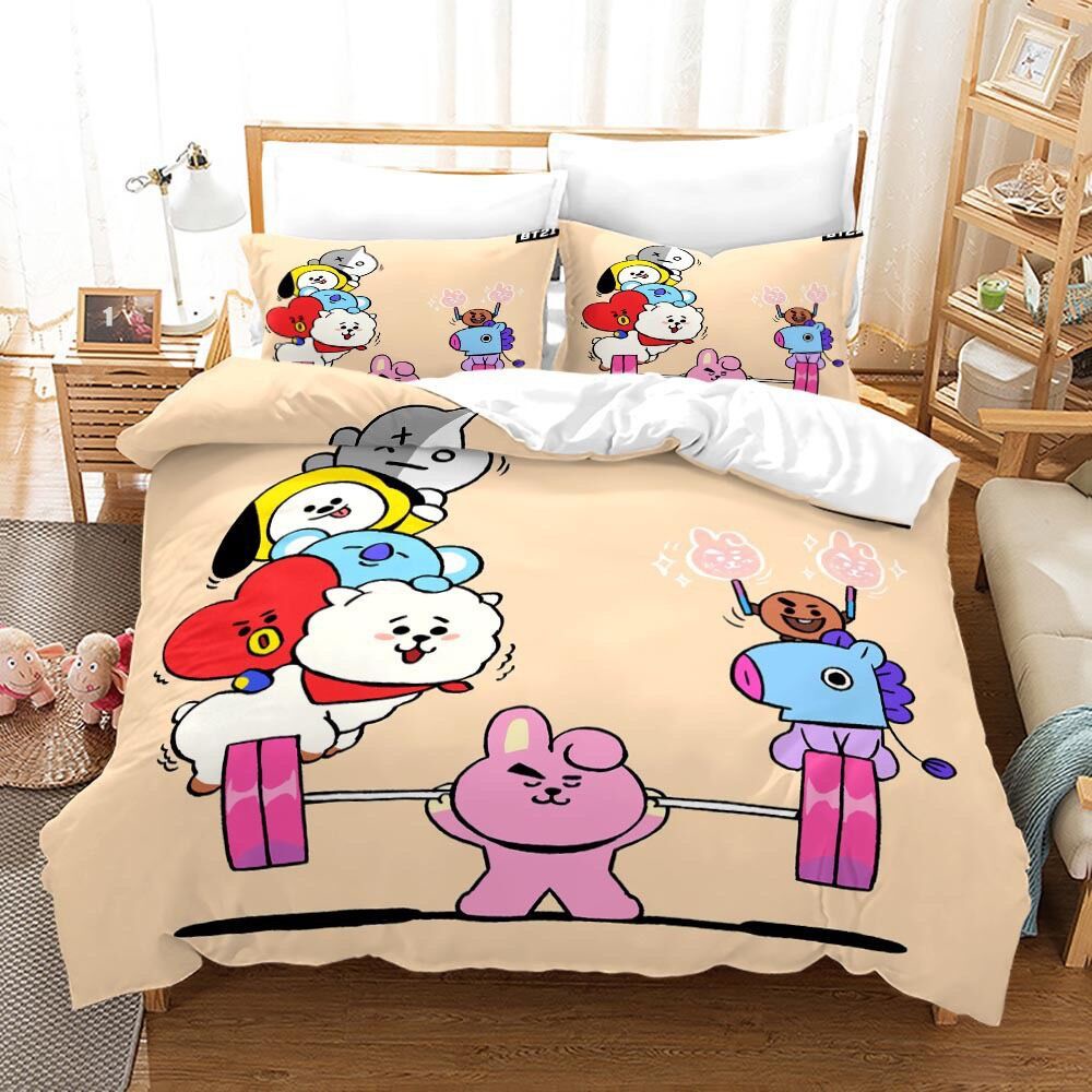 Bộ Ga Trải Giường + Vỏ Gối + Vỏ Chăn 2 Trong 1 In Họa Tiết BT21 BTS Có Thể Giặt Sạch Tiện Dụng