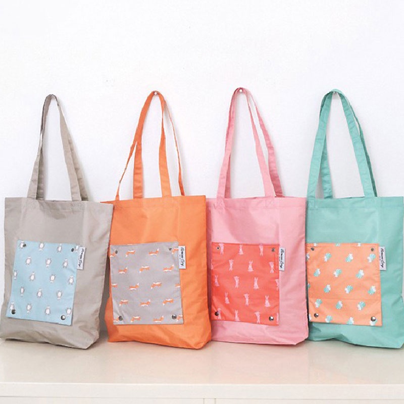 Túi đựng đồ mua sắm YADOU đeo vai chống thấm nước in hình thú hoạt hình màu sắc tương phản có thể gấp gọn