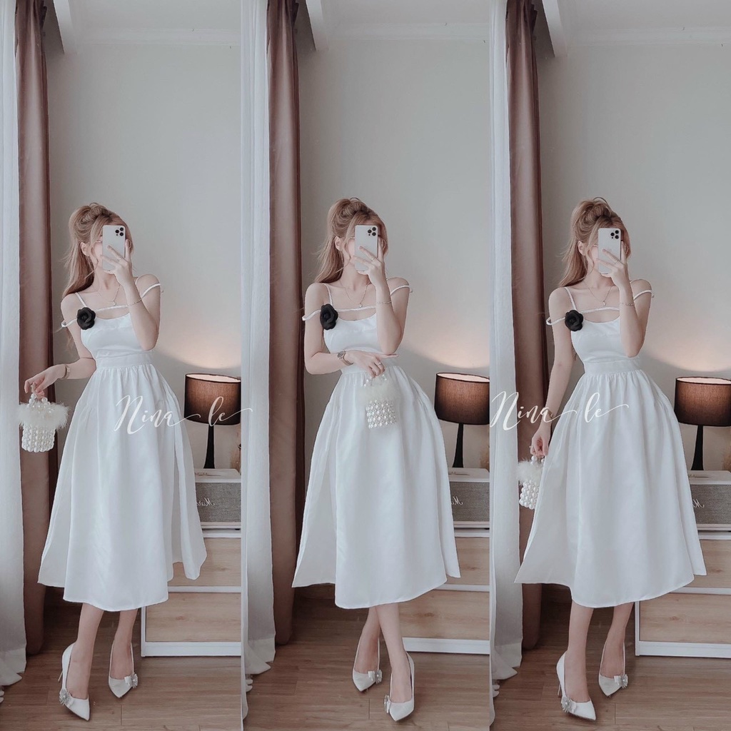 Đầm 2 Dây Tiểu Thư Hoa Gài 🦋 Váy Nữ 2 Dây Dáng Dài 2 Màu 🦋