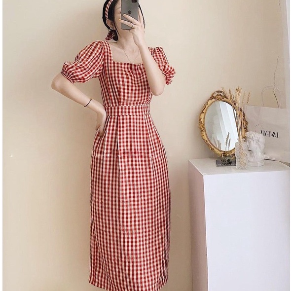 Váy Bánh Bèo Nữ Siêu Xinh Mer Dress Váy Dài Qua Gối Tay Bồng Cổ Vuông Kẻ Caro Kèm Tuban Tôn Dáng Mặc Đi Chơi Đi Làm V10