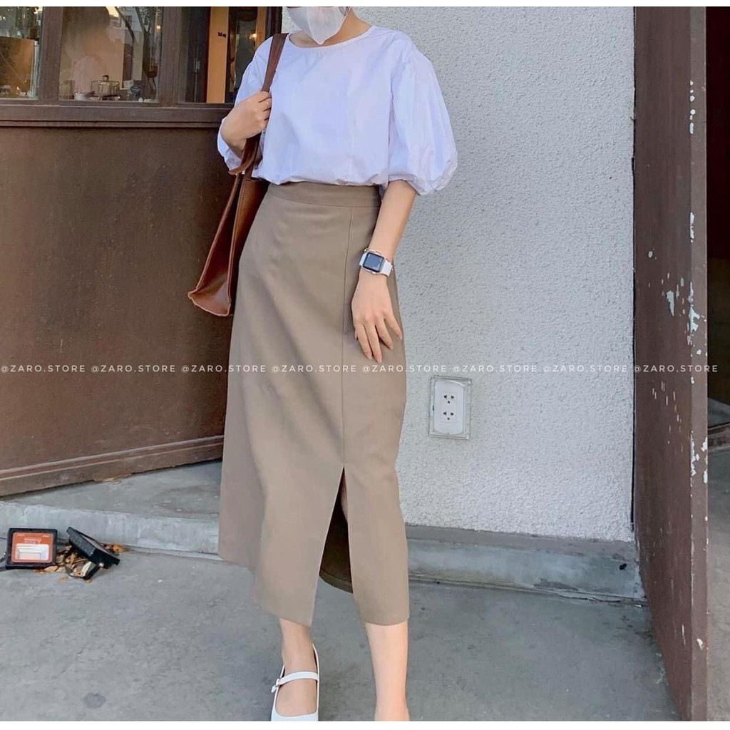 Set chân váy kaki dáng dài xẻ tà kèm áo babydoll tay bồng