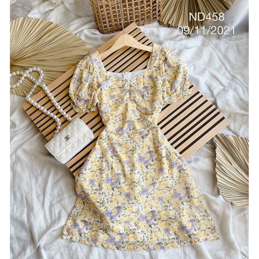 Đầm váy nữ hoa nhí nhảnh hợp đi công viên thiết kế cổ vuông phối ống tay phồng cực kì dễ thương
