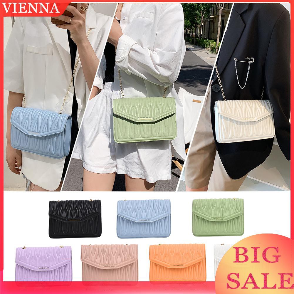 Vintage Women PU Pleated Pattern Crossbody Bag Casual Chain Shoulder Bags