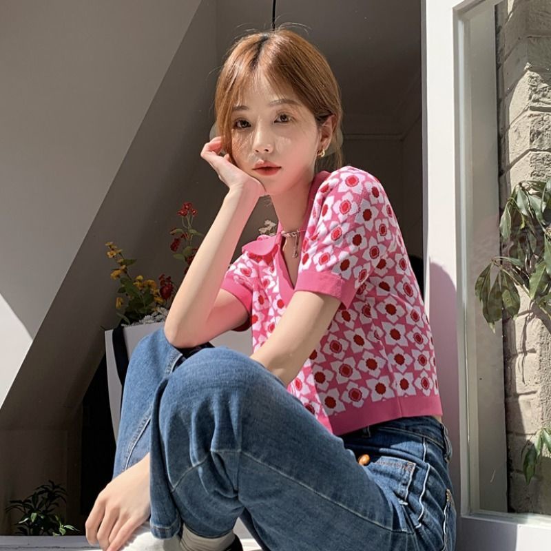 Áo Dệt Kim Tay Ngắn Màu Hồng Dễ Thương Xinh Xắn Cho Nữ  tao bao