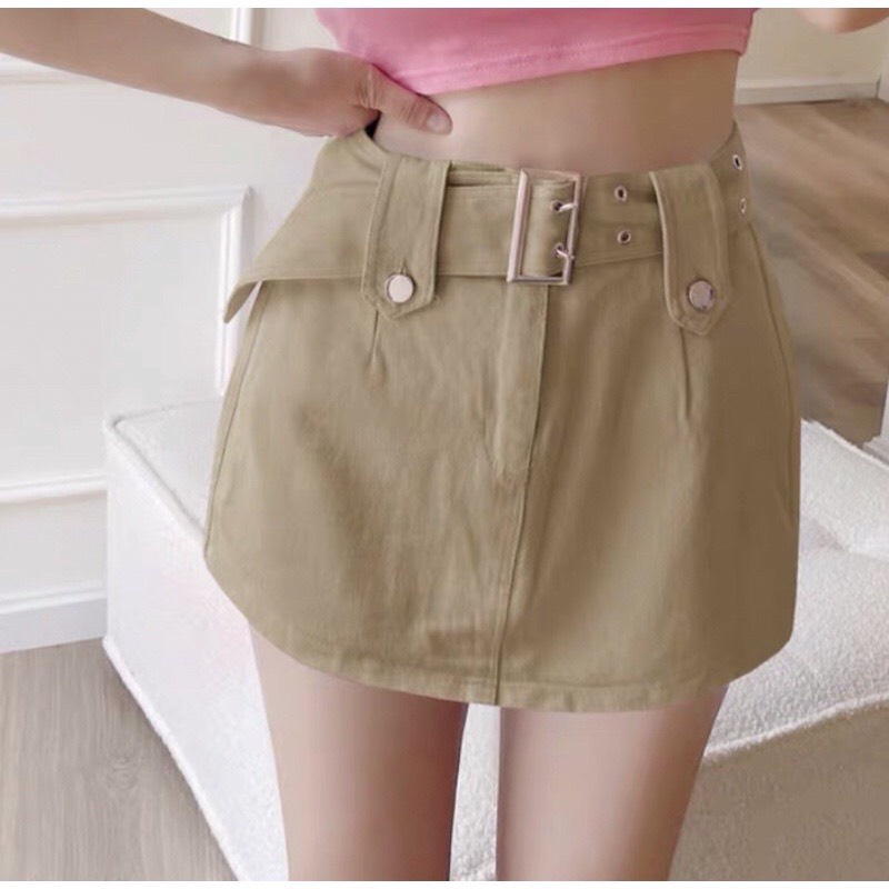 Chân váy bò kèm đai có quần trong , Quần giả váy jean kaki kèm đai siêu hot hit 4 màu trắng đen hồng nâu be