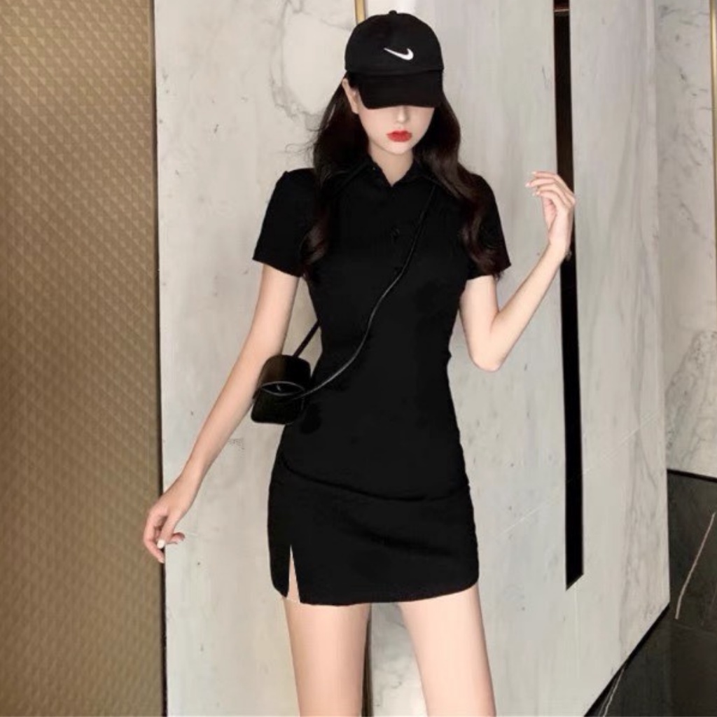 Váy Body Cổ Bẻ Polo Xẻ Trước Chất Thun Gân Tăm Đầm Ôm Dáng Ngắn