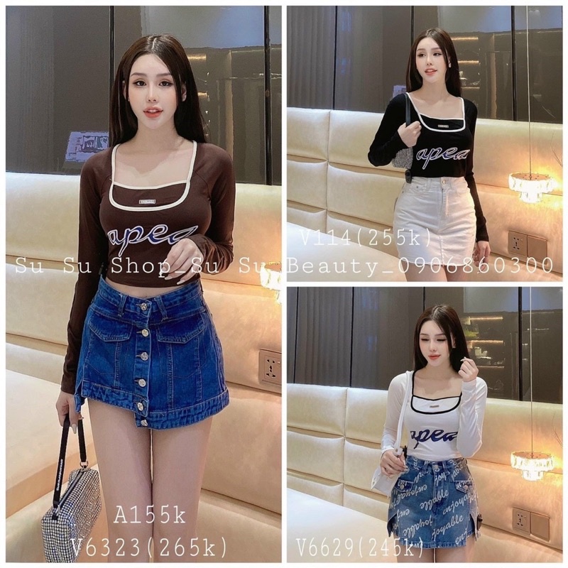 Áo Thun Croptop Tay Dài APEA Viền Cổ U Hình thật cuối