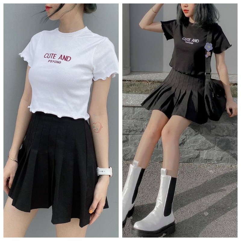 [Mã FAMAYWA giảm 10K đơn 50K] Áo croptop thun gân viền bèo Cute and psycho, Áo croptop thun gân viền bèo cute | BigBuy360 - bigbuy360.vn