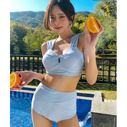 Bikini Hàn Quốc, đồ bơi áo xoắn nâng ngực, quần cạp cao giấu bụng màu xanh Pastel siêu đẹp hot trend 2023